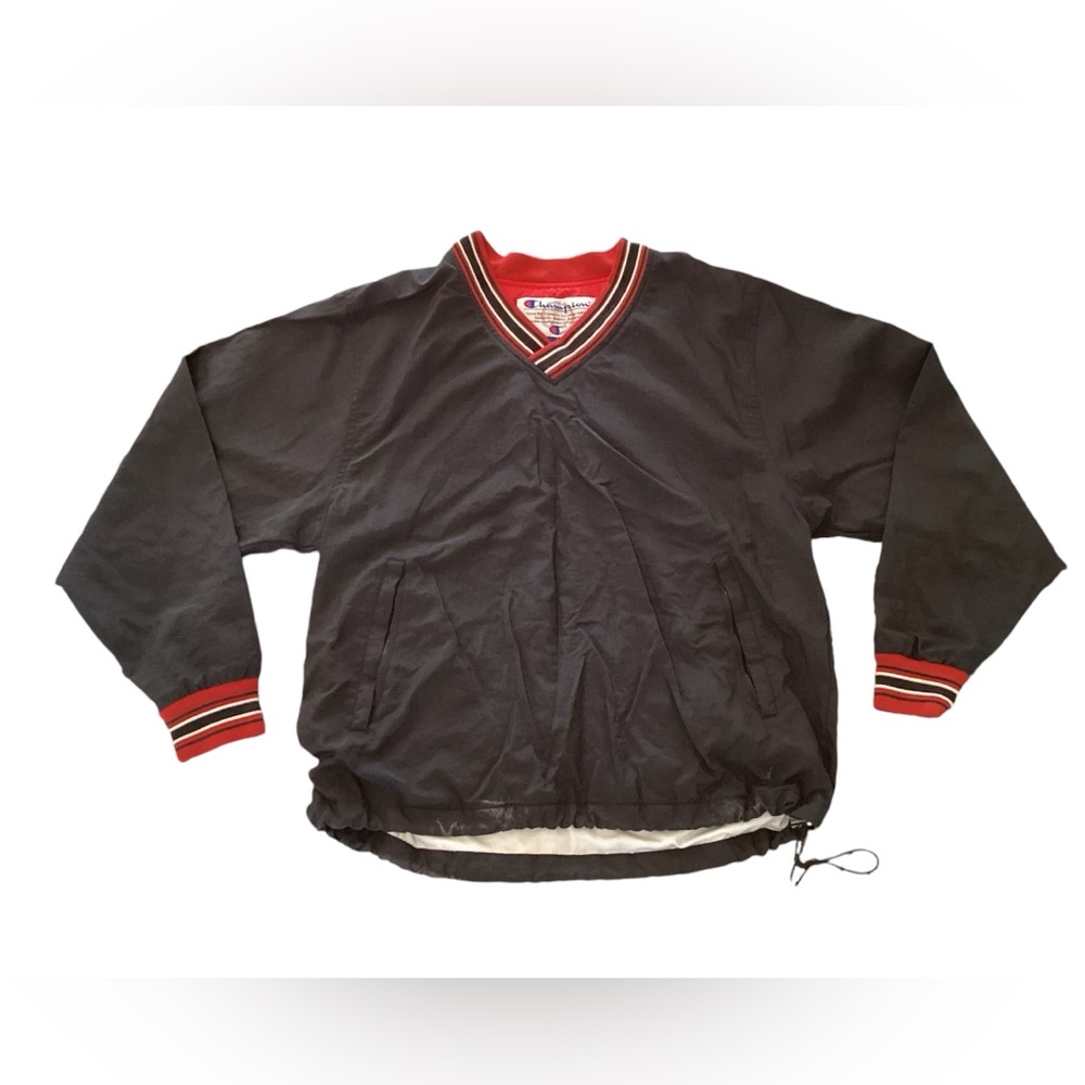 Champion Mens Windbreaker Rain Jacket Pullover Black Red‎ V-Neck Small
